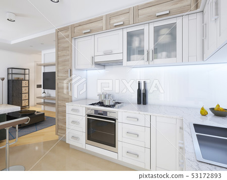 Designer kitchen in contemporary style in pastel Designer kitchen in contemporary style in pastel 53172893