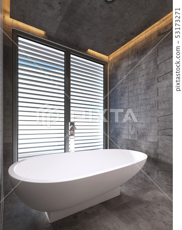 A modern white bath by the large window. 53173271