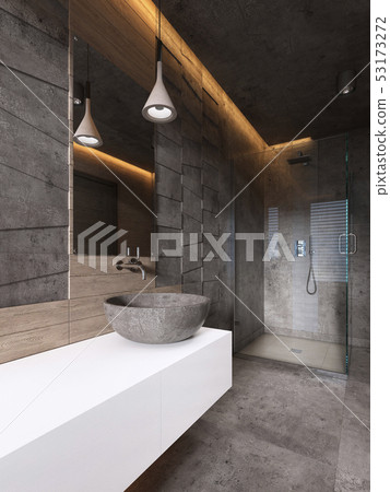 Contemporary bathroom in dark tones with ceiling 53173272