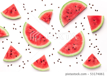 Sliced watermelon and seeds on white background 53174861