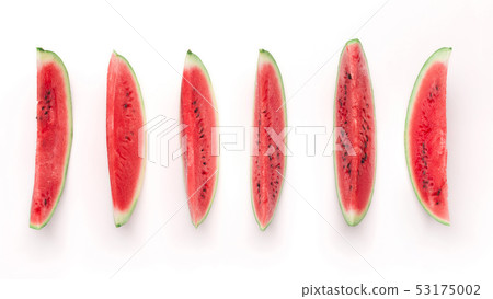Row of fresh ripe watermelon pieces, isolated on white 53175002