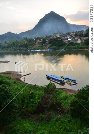 Lao Nong Kau Beautiful mountain and sunset Wu river and small boat Lao Nong Kau Beautiful mountain and sunset Wu river and small boat 53177855