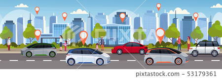 cars with location pin on road online ordering taxi car sharing concept mobile transportation cars with location pin on road online ordering taxi car sharing concept mobile transportation 53179361