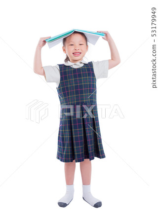 Full length of asian girl in uniform holding book Full length of asian girl in uniform holding book 53179949