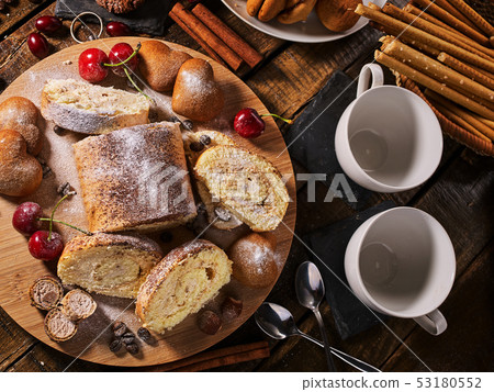 Sand nut chocolate cookies and rolled biscuit on board Sand nut chocolate cookies and rolled biscuit on board 53180552