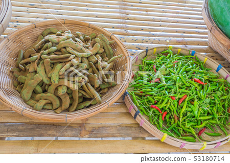 vegetable on bammboo table in market. 53180714
