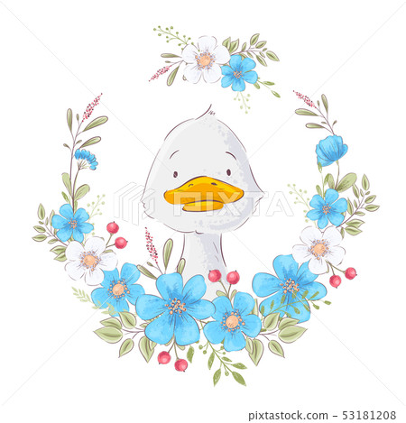 Postcard poster of a cute duckling in a wreath of flowers. Hand drawing. Vector 53181208