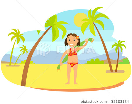 Girl with Towel on Sand, Mountain Landscape Vector 53183184
