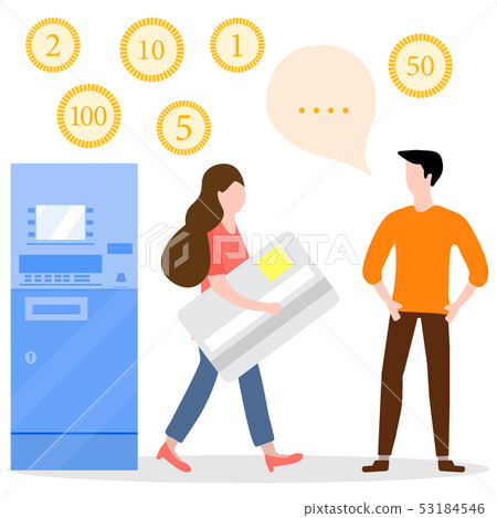 ATM, woman with bank card, male assistant Finance ATM, woman with bank card, male assistant Finance 53184546