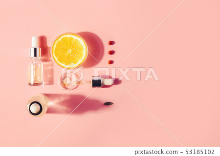 Serum with vitamin C, concept design. Beauty therapy, body care. Minimalism Flat lay. 53185102