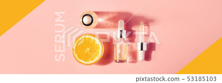 Serum with vitamin C, concept design. Beauty therapy, body care. Minimalism Flat lay. 53185103