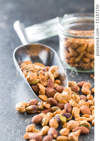 Spicy flavoured nuts. Mix of nuts. 53187150