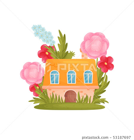 Fairy tale house among the grass and flowers. Vector illustration on white background. 53187697