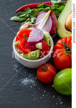 Guacamole sauce and ingredients 53189247