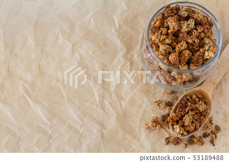 Granola and ingredients, white wood background 53189488