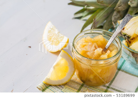 Pear and lemon jam and ingredients Pear and lemon jam and ingredients 53189699