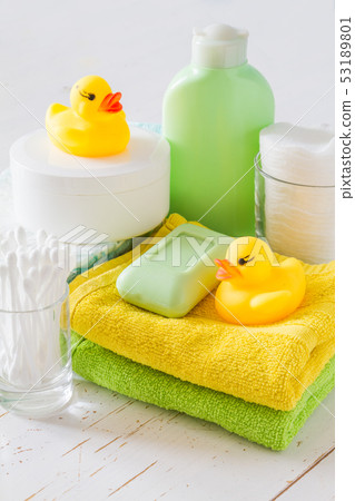 Pampering accessorie on white wood background Pampering accessorie on white wood background 53189801