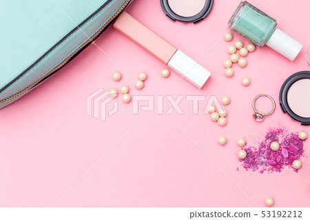 cosmetics and accessories on a pink background cosmetics and accessories on a pink background 53192212