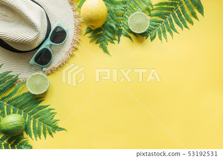 Female beach straw sunhat, sunglasses, citrics. Female beach straw sunhat, sunglasses, citrics. 53192531