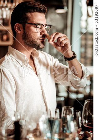 Portrait of handsome sommelier that smelling cork Portrait of handsome sommelier that smelling cork 53192697