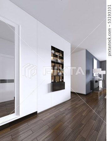 Built-in black shelves with decor against a white 53193331