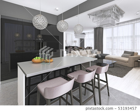 Modern kitchen with an island and bar stools with Modern kitchen with an island and bar stools with 53193457