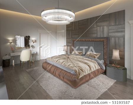 Luxury bedroom interior with fabric bed, dresser Luxury bedroom interior with fabric bed, dresser 53193587