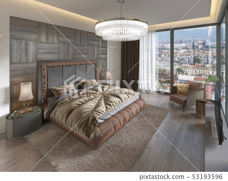 Luxury bedroom interior with fabric bed, dresser 53193596