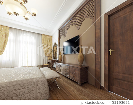 A TV set on the wall and a TV stand with wooden A TV set on the wall and a TV stand with wooden 53193631