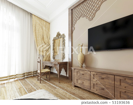 A TV on the wall and a TV stand with a dressing A TV on the wall and a TV stand with a dressing 53193636
