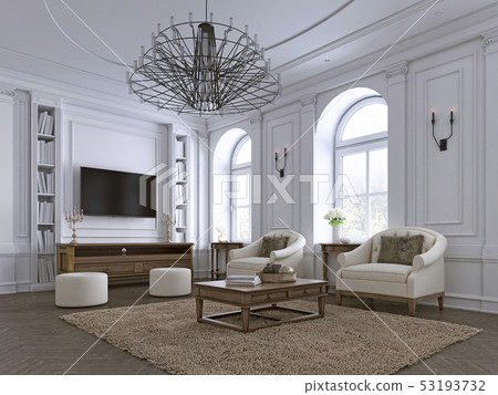 Classic Living Room Paneling And Ceiling Moldings Stock