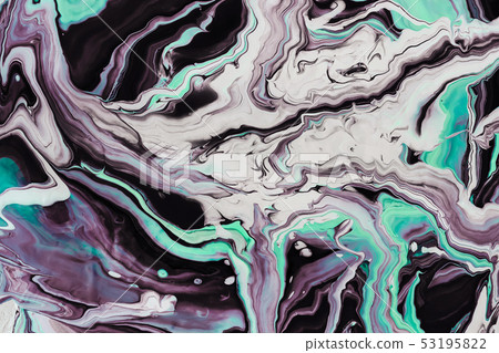 Fluid Art. White black and neon turquoise waves and curls. Abstract colorful background or texture 53195822