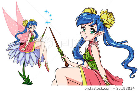 Cute fairy sitting on flower. Anime style. Girl 53198834