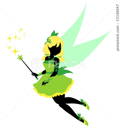 Fairy silhouette. Blonde hair and green dress. Fairy silhouette. Blonde hair and green dress. 53198947