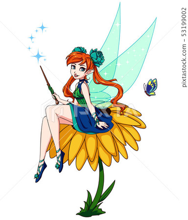 Cute cartoon fairy sitting on flower. Girl with 53199002