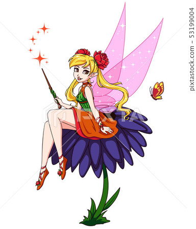 Cute cartoon fairy sitting on flower. Girl with - Stock Illustration ...