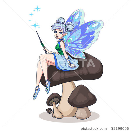 Cute cartoon fairy with butterfly wings sitting on 53199006