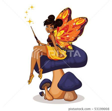Cute cartoon fairy with butterfly wings sitting on 53199008