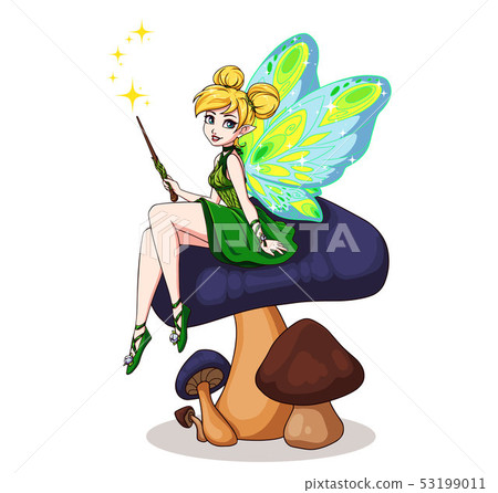 Cute cartoon fairy with butterfly wings sitting on 53199011