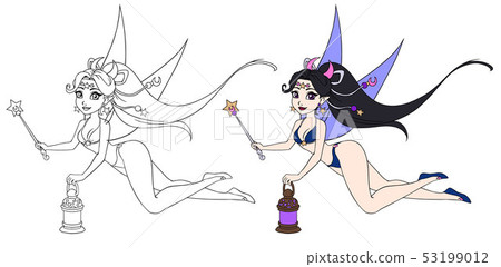 Pretty cartoon fairy holding lantern and magic Pretty cartoon fairy holding lantern and magic 53199012