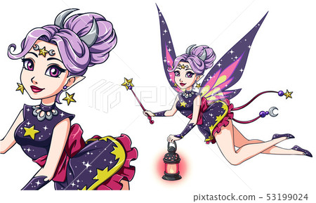 Pretty cartoon fairy holding lantern and magic 53199024