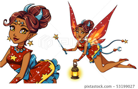 Pretty cartoon fairy holding lantern and magic 53199027