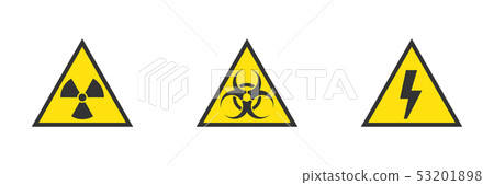 Danger, hazard, warning yellow vector signs of high voltage, biohazard, radiation 53201898