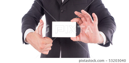 cropped shot of businessman in suit showing business card in hands cropped shot of businessman in suit showing business card in hands 53203040