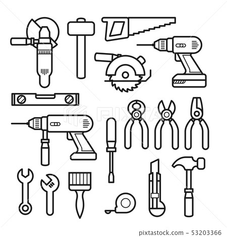 Work tools line icons - puncher, drill, wrench, Work tools line icons - puncher, drill, wrench, 53203366