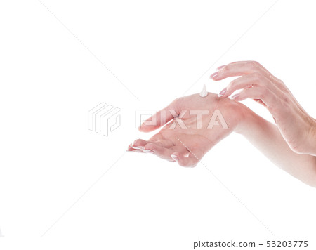 Female hands and moisturizing cream on white background. Skin care concept. Female hands and moisturizing cream on white background. Skin care concept. 53203775