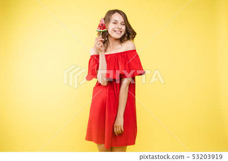 Seductive woman like sweet doll with candy. Seductive woman like sweet doll with candy. 53203919