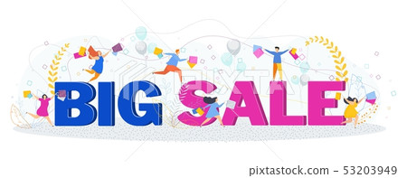 Big sale banner. Tiny people with shopping bag Big sale banner. Tiny people with shopping bag 53203949