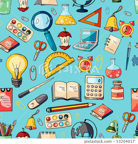 Seamless colorful hand drawn pattern with stationary on blue background 53204017