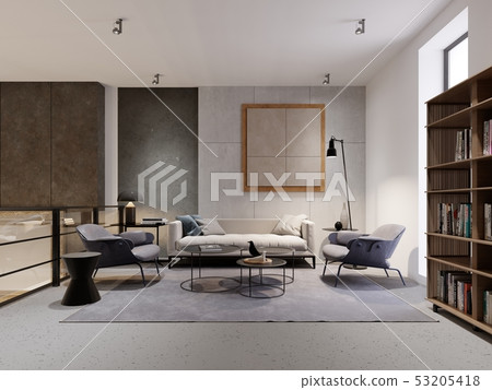 Loft style lounge area with sofa, two armchairs 53205418